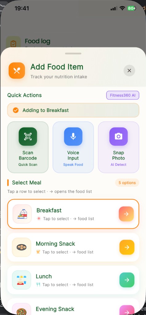 Fitness360 Food logging screen