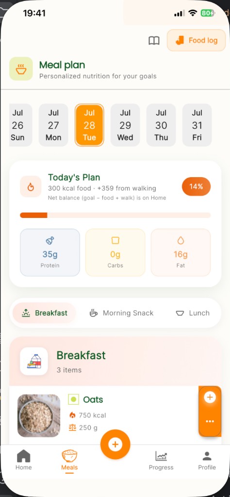 Fitness360 Meal plan screen